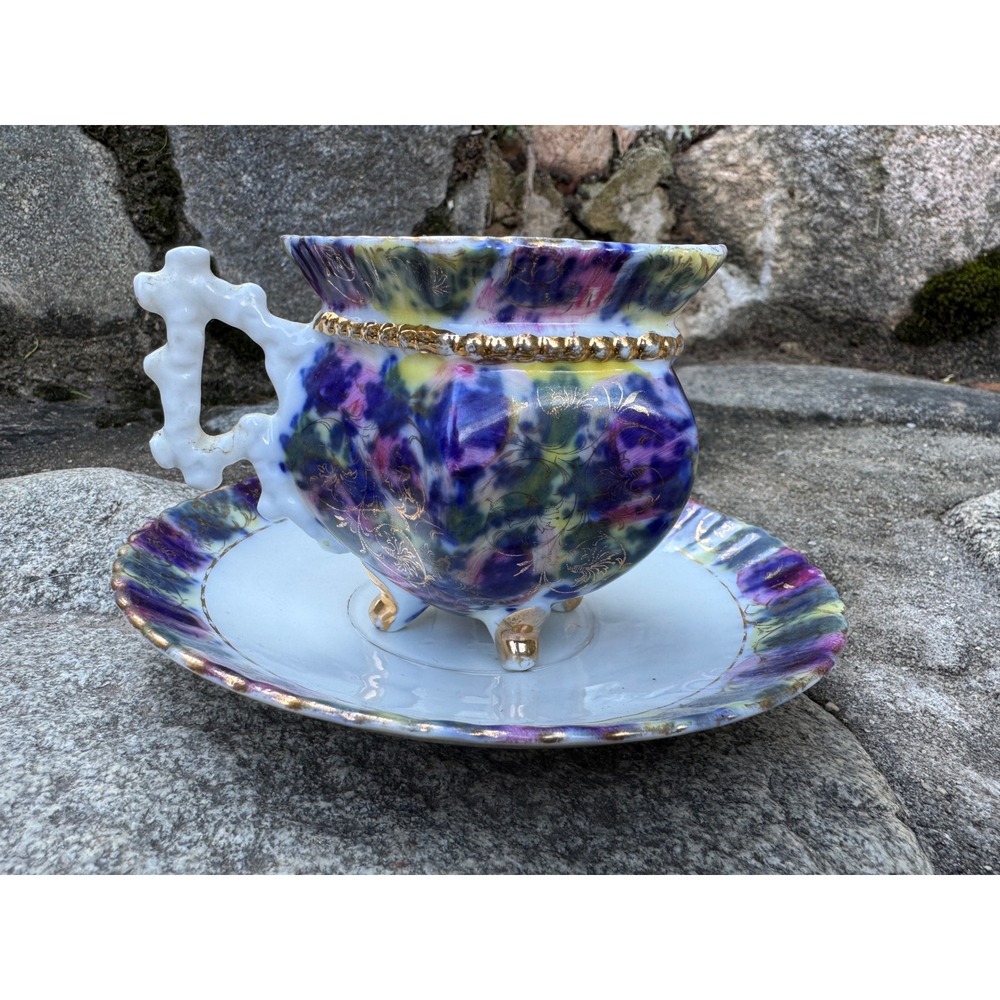Victorian Moustache Cup and Saucer Set Flow Blue Purple Floral Gold Gilt Antique